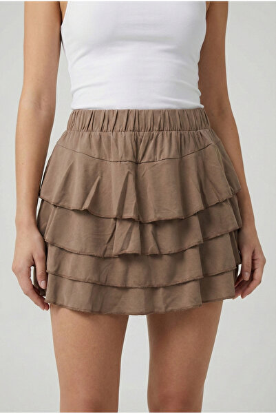NEW JOURNAL Women's Camel Ruffle Detailed Flounce Mini Skirt Shorts Nj81