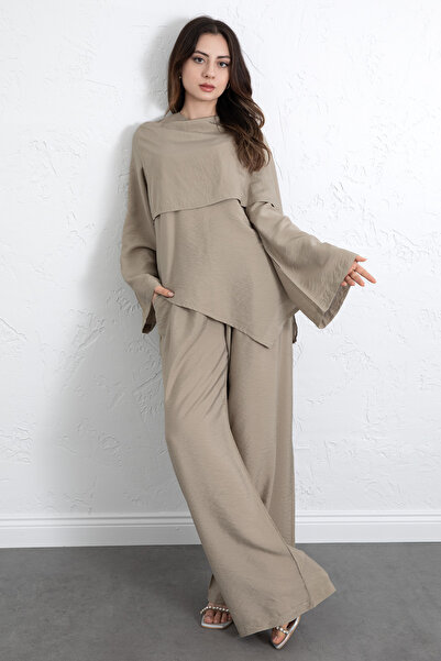 Salih Çelebi Asymmetrical Cut Scarf Suit 266009 - Khaki