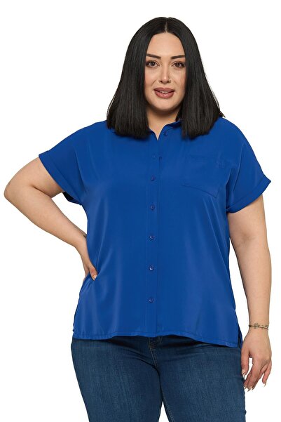 DISENTIS MODEST Large Size Single Pocket Short Double Sleeve Saks Blue Shirt