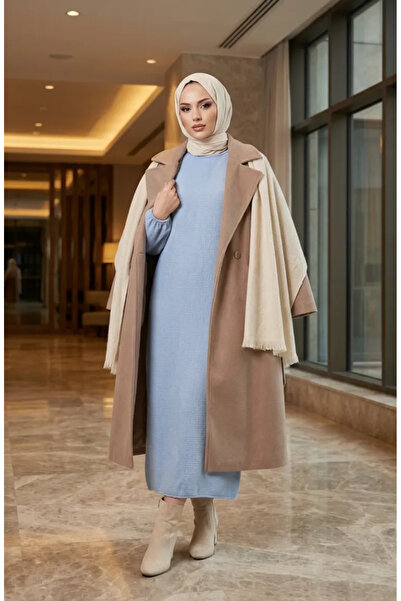 sefamerve Textured Knitted Fabric Winter Dress 2511-01 Blue