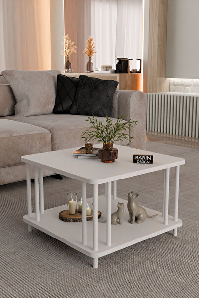 BARIN DESIGN Modern Kare Orta Sehpa Çift Katlı Beyaz Metal Ayaklı Salon, Ofis...