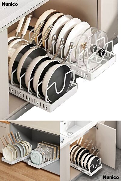 Munico Modern Mutfaklar İçin Beyaz Teleskopik Raylı Tava ve Tencere Organizer...