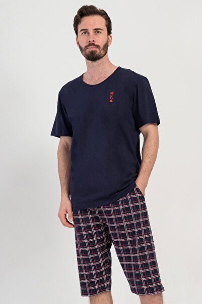 VİENETTA Men's Short Sleeve Capri Navy Blue 100% Cotton Plaid Pajama Set C3T3...