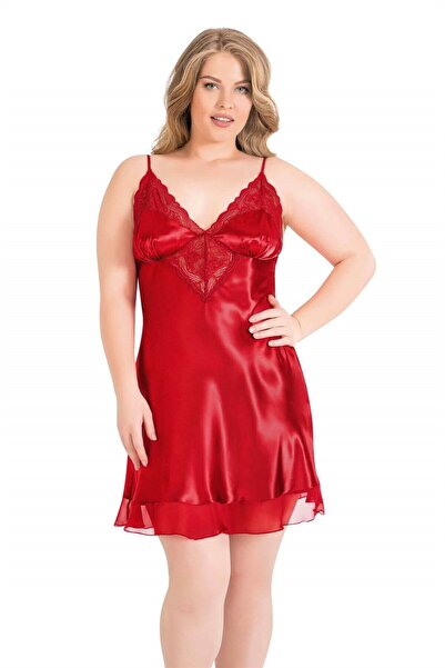 Slendos Women'S, Plus Size, Red, Lace, Tulle, Short, Satin Nightgown