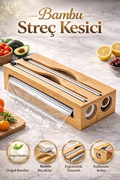 Tilbe Home Bambu Streç Kesici 2 Bölmeli Kapaklı Streç Film Folyo Kutusu Mutfa...
