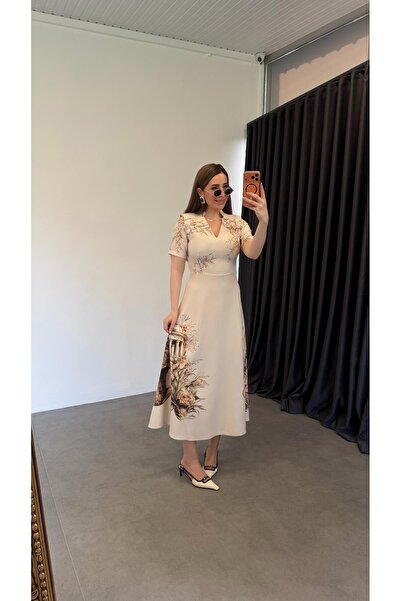 elif teke Tablo Desenli Vatkalı Elbise Krem