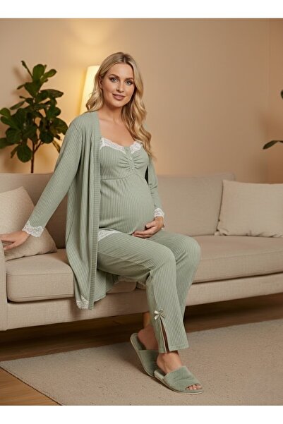 PREGNANT WORLD New Season Green Ribbed Straps Maternity Dressing Gown, Shorts...