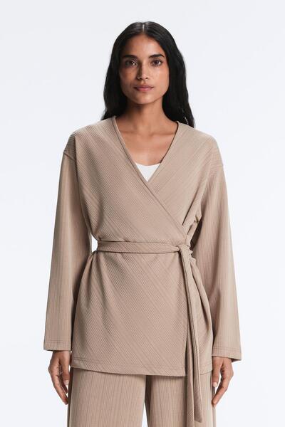 Oysho Long asymmetric stripe jacket with modal