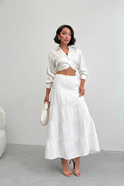 Lusin Fusta lungă premium din țesătură muselină ecru pentru femei