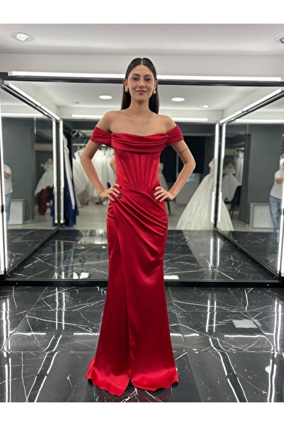 Bianco Lacivert Uzun Abiye Elbise – Düşük Omuz, Drapeli, Şık Gece Elbisesi