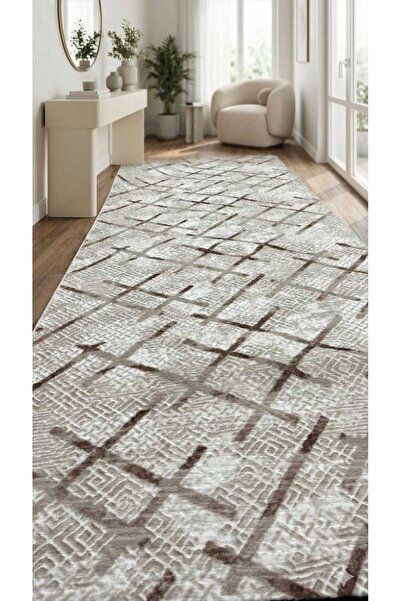 Nesrin JEL TABAN KAYMAZ MODERN KREM KAHVE ÇİZİKLİ GÜZEL KESME HALI YOLLUK