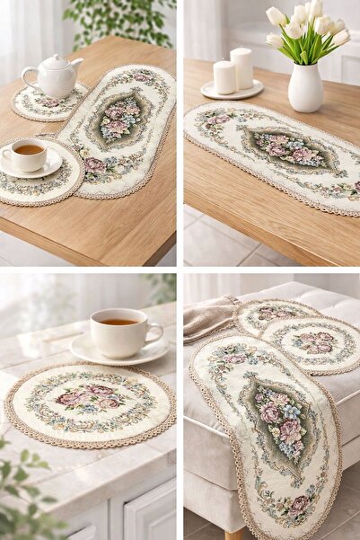Yeshome Collection Goblen Sutaşı Edged Runner & American Service Set 3 Pieces...