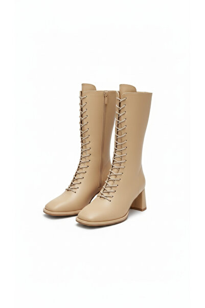 İNSETTO Kadın Kalın Topuklu Fermuarlı Önden Küt Model Bağcık Detaylı Bot