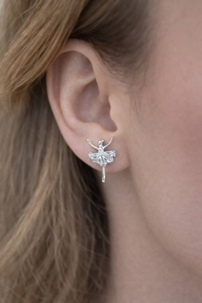 BY YASİN TOPÇU 🤍 🩰   Silver Color Ballerina Figured Mini Earrings with Zirc...