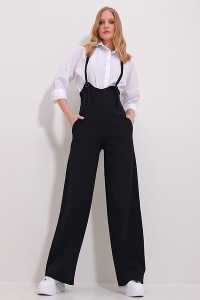 Trend Alaçatı Stili Women's Black Double Pocket Strap Lycra Salopet Jumpsuit ...