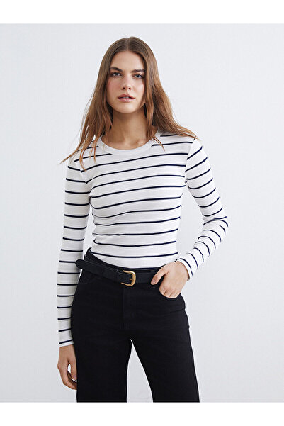 LC Waikiki Elsiva Collection Lacivert Bisiklet Yaka Çizgili Kadın Body