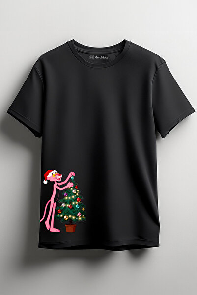 Merch&ice Tricou unisex cu imprimeu cu brad de Crăciun și Pantera Roză