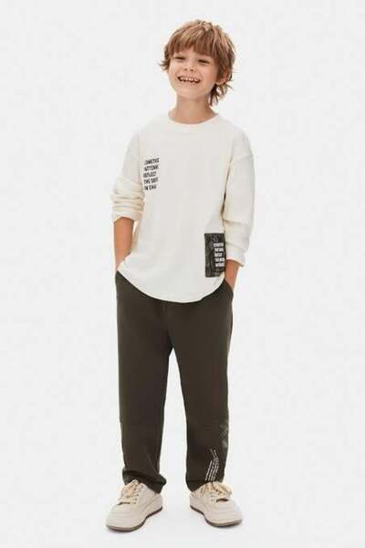 Magu Boys' Cotton Ecru Long Sleeve T-Shirt and Khaki Pants 2-Piece Set