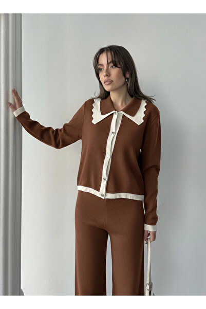 Lusin Women's Brown Collar Detailed Top and Bottom Stylish Knitwear Set