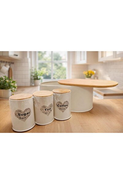 Generic Beige White Metal Bread Box with 3 Piece Canister Set | Food Storage ...