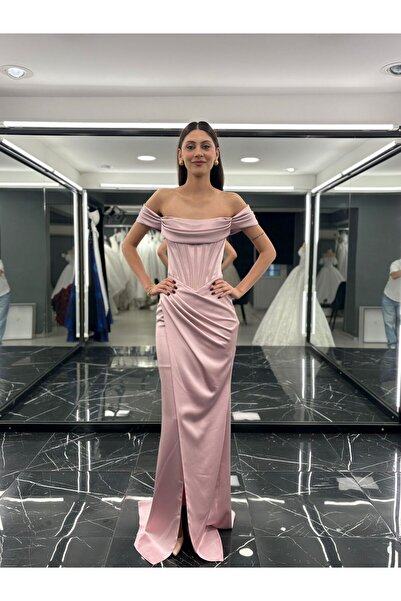 Bianco Lacivert Uzun Abiye Elbise – Düşük Omuz, Drapeli, Şık Gece Elbisesi