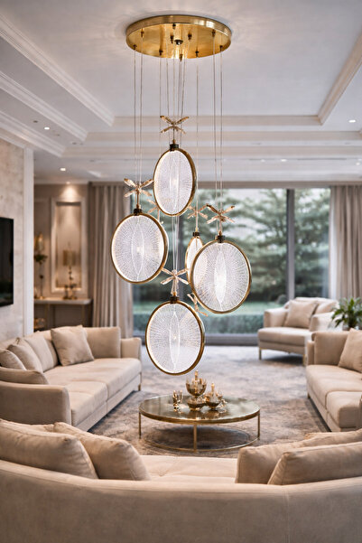 Lamira aydınlatma MODERN LÜKS SALON MODEL LEDLI 5´Lİ GOLD SARKIT AVIZE