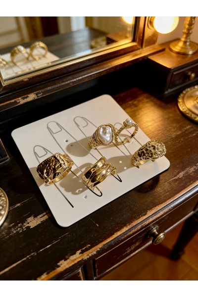 ayoljewelry Royal Seri: Kabartma Dokulu ve İncili Lüks Çelik Yüzük Seti