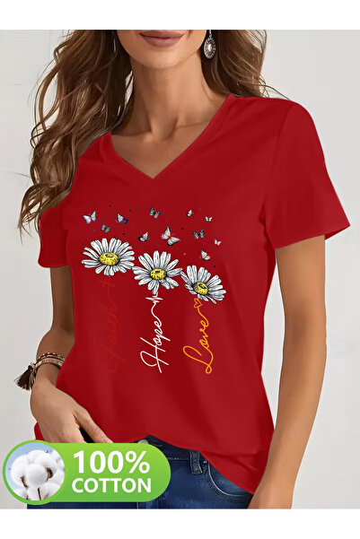 YUNAYT Women's V-Neck Draped Printed T-Shirt