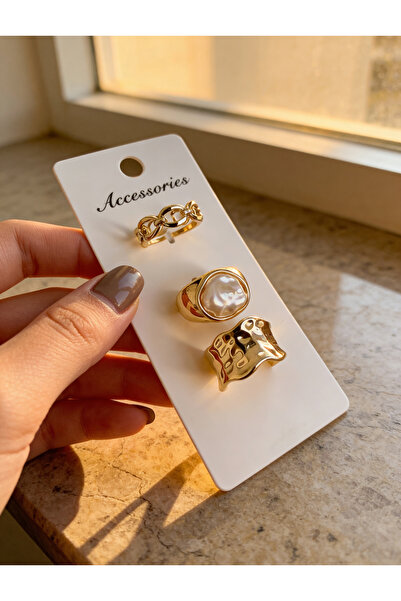 ayoljewelry 3'lü Kombin Barok İnci ve Hammered Çelik Yüzük Seti
