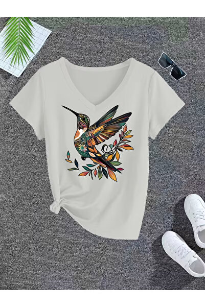 YUNAYT Women's V-Neck Draped Printed T-Shirt