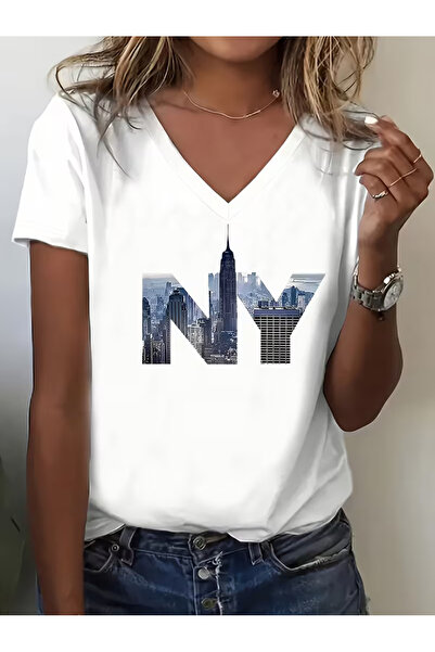 Cevval تي شيرت نسائي مطبوع بقصة على شكل حرف V