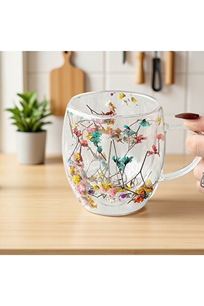 OEM Double wall glass mug with decorative flowers for tea and coffee