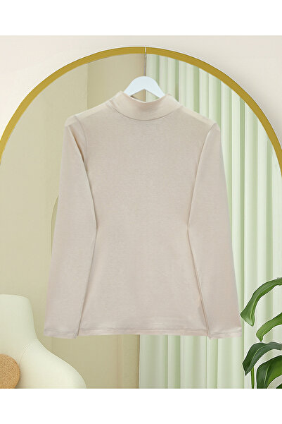 Modamorfo High Collar Long Sleeve Undershirt Blouse -Beige