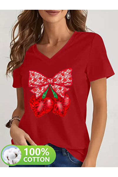 YUNAYT Women's V-Neck Draped Printed T-Shirt