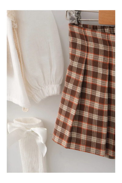 Mini Baray Girl's Heart Knitted Vest Lace Collar Blouse Plaid Pleated Skirt 3-Piece Set 2 3 4 5 Years - Coffee