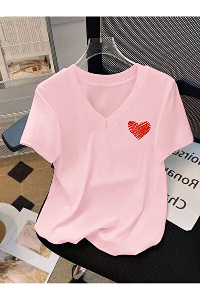 YUNAYT Women's V-Neck Draped Printed T-Shirt