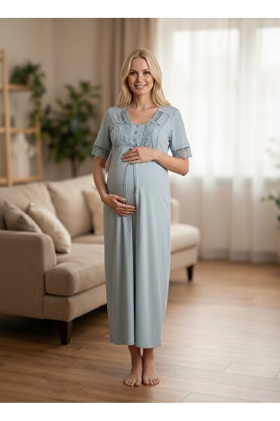 PREGNANT WORLD قميص نوم للحوامل من New Season باللون الأزرق بطول كامل للصيف م...
