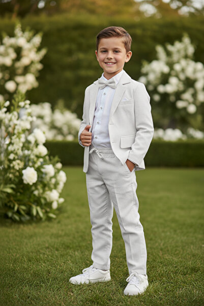 Merdia Момчешки костюм от фланел и лен (сако, риза, папийонка и панталони с ш...