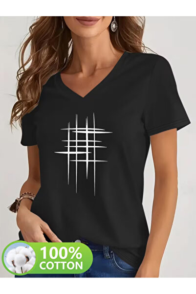 YUNAYT Women's V-Neck Draped Printed T-Shirt