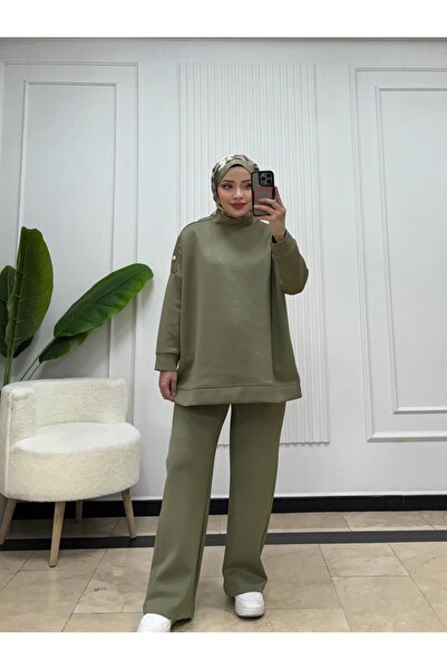 Miraydın Butik Shoulder Buttoned Trousers Double Scuba Suit - Green