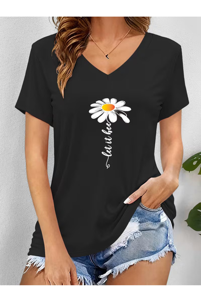 Cevval Women's V-Neck Draped Printed T-Shirt