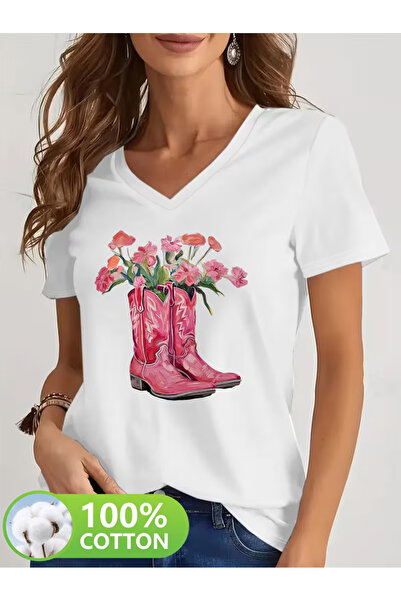 Cevval Women's V-Neck Draped Printed T-Shirt