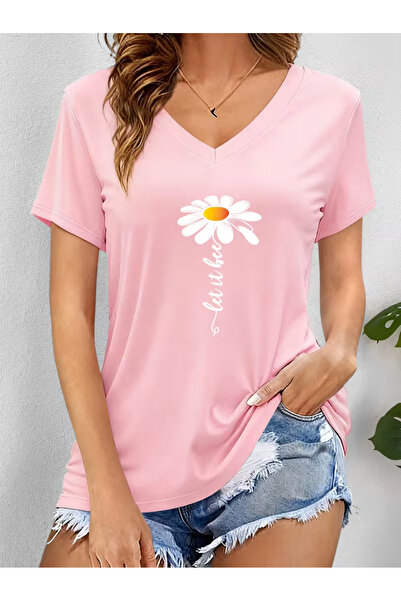 YUNAYT Women's V-Neck Draped Printed T-Shirt