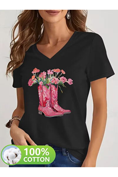 YUNAYT Women's V-Neck Draped Printed T-Shirt