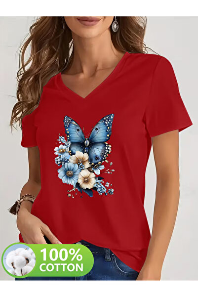 YUNAYT Women's V-Neck Draped Printed T-Shirt