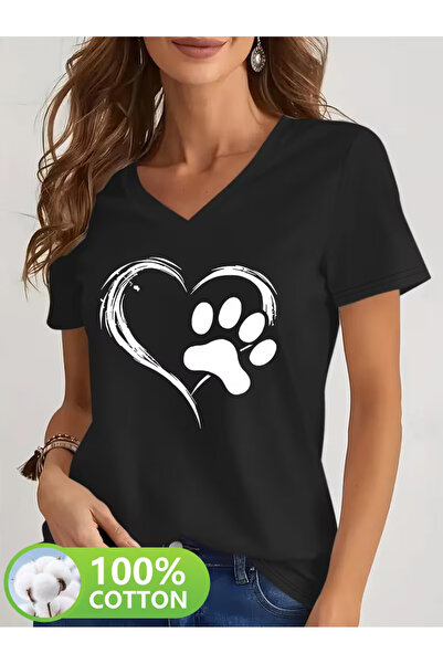 YUNAYT Tricou de damă cu decolteu în V, cu imprimeu fluid