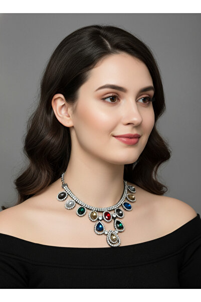 Moda Accessories Showy Multi-Colored Drop Stone Necklace – Women's Evening Dr...