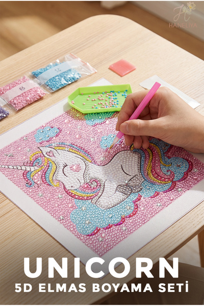 Haneliya Unicorn - Tek Boynuzlu At - 5D Diamond Elmas Boyama Seti Hobi Kiti -...