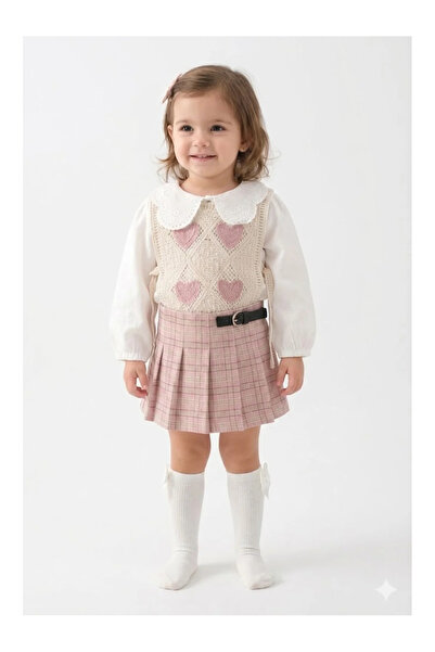 Mini Baray سترة محبوكة على شكل قلب للفتيات مع ياقة من الدانتيل وتنورة مطوية م...