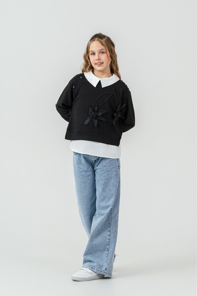 MİNİKO KİDS Girls' Festive Flower-Embellished Stone-Decorated Jeans 2-Piece Set